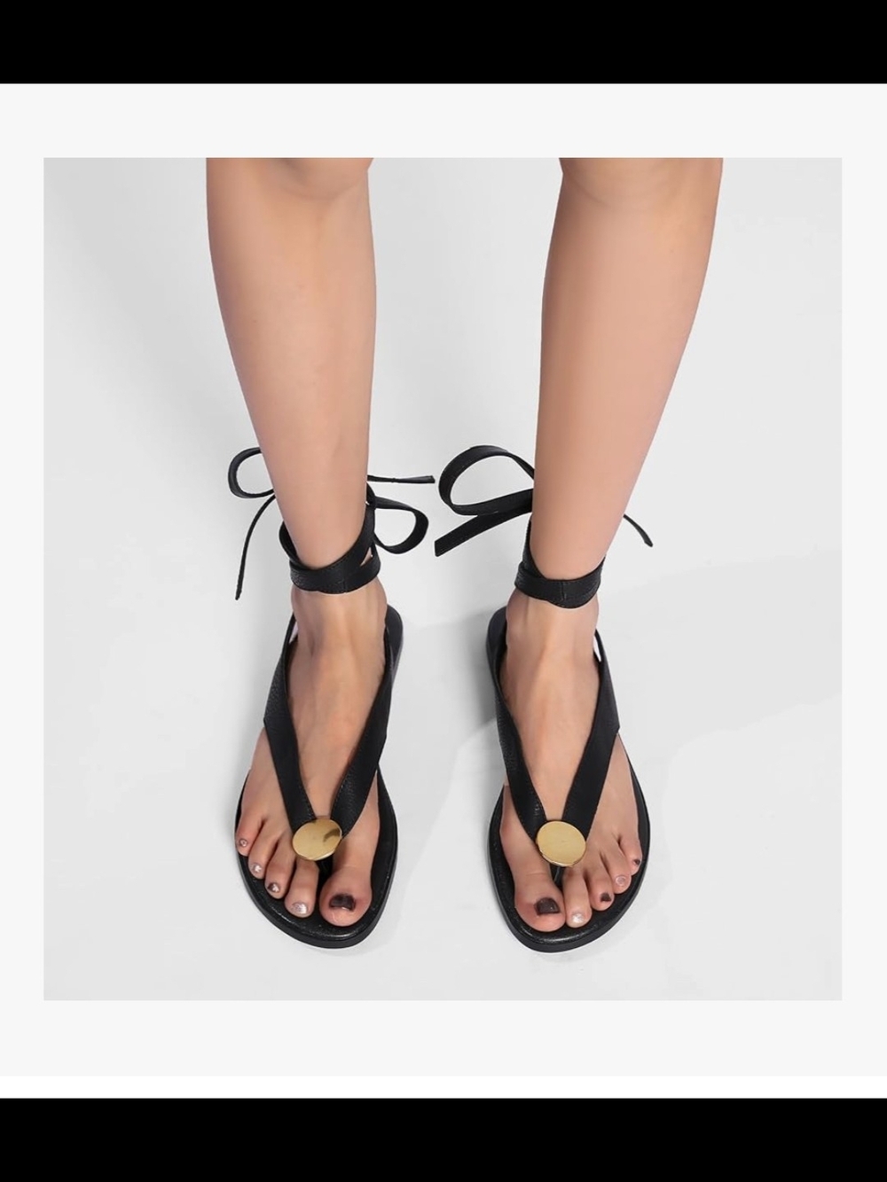 Black Ankle-Tie Flat Sandals with Gold Accent